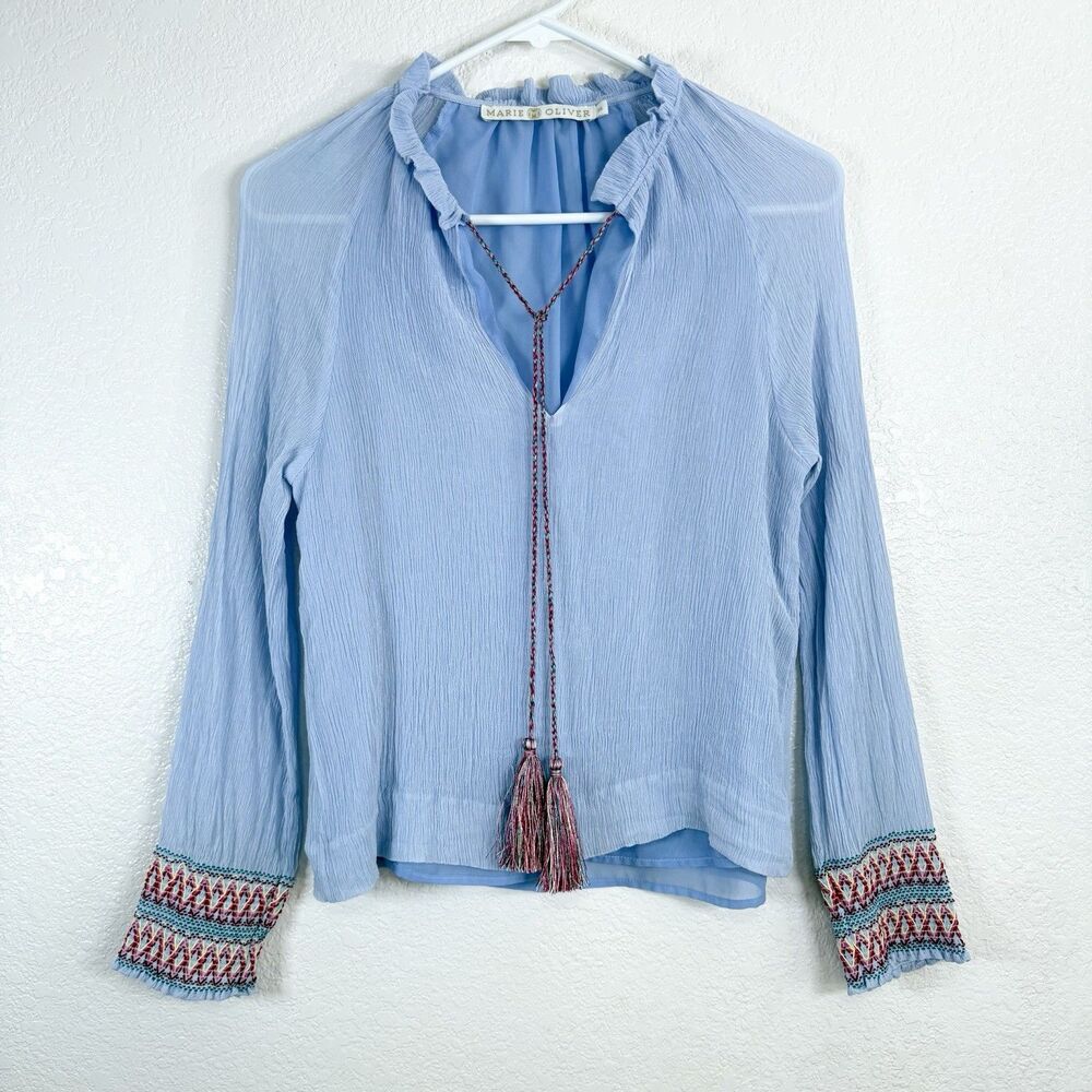 Marie Oliver 100% Silk Blouse Size XS Blue Tassel Embroidered Smocked Cuffs Boho